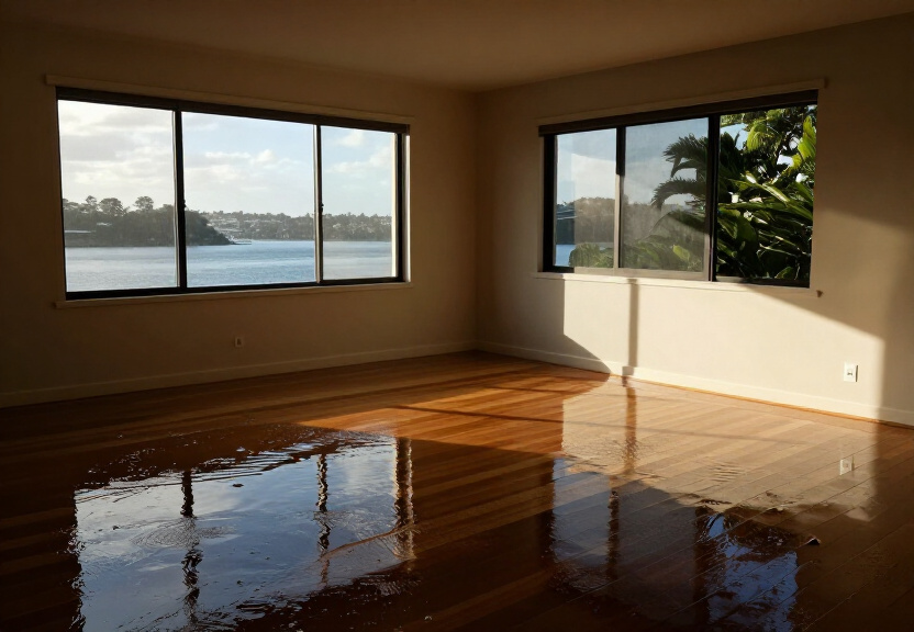 Flood-damaged living room in Bardwell Valley before restoration